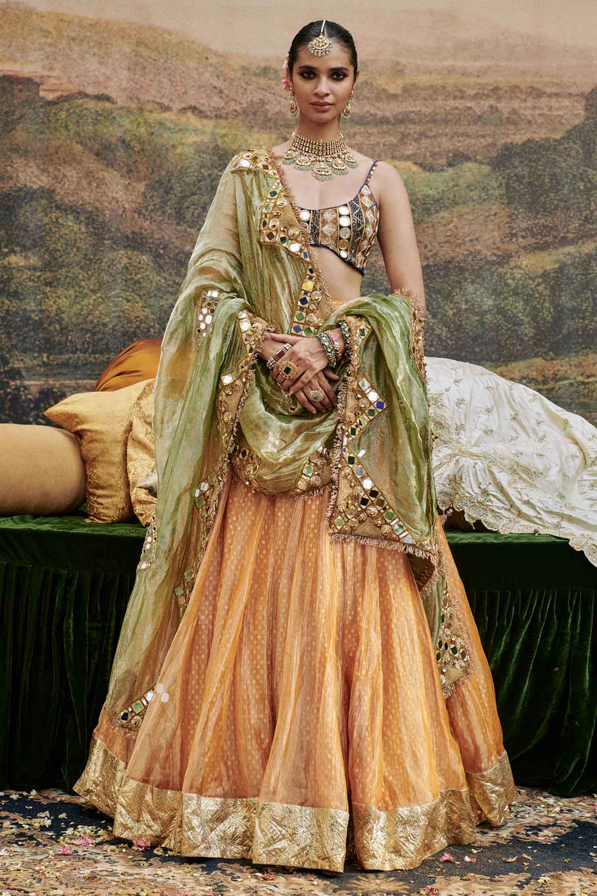 Buy ITRH, Designer Orange Mirror Work Lehenga Set Online